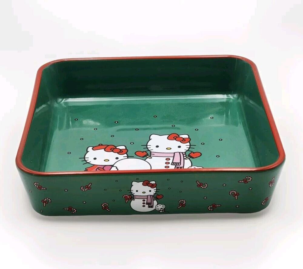 Sanrio Hello Kitty Christmas Snowman Square Baking Dish 9" Ceramic Green and Red
